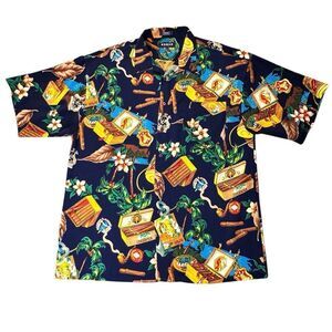 Vintage Koman Sport XL Shirt Button Blue Hawaiian Tropical Cigar Palm Habana